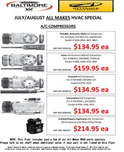 July and August 2017 Alliance Truck Parts All Makes HVAC A/C Compressors Special Flyer