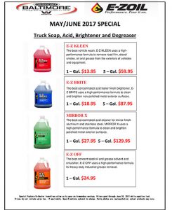 May and June 2017 E-zoil Truck Soap, Acid, Brightener, and Degreaser Special Flyer